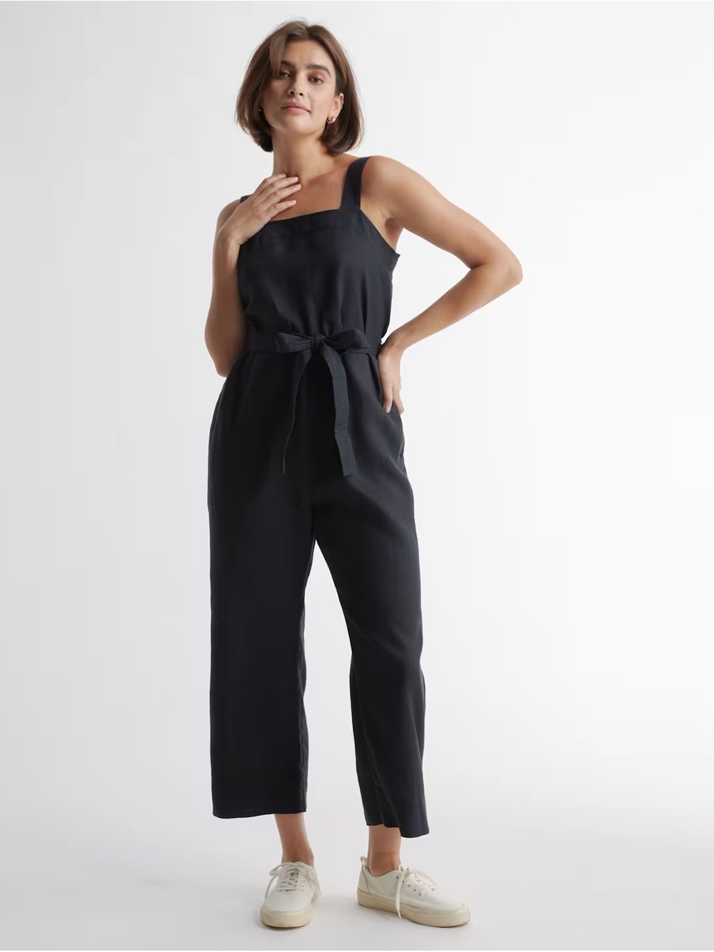 🖤 QUINCE 100% European Linen Black Square Neck Jumpsuit Wide Leg Cropped Size M